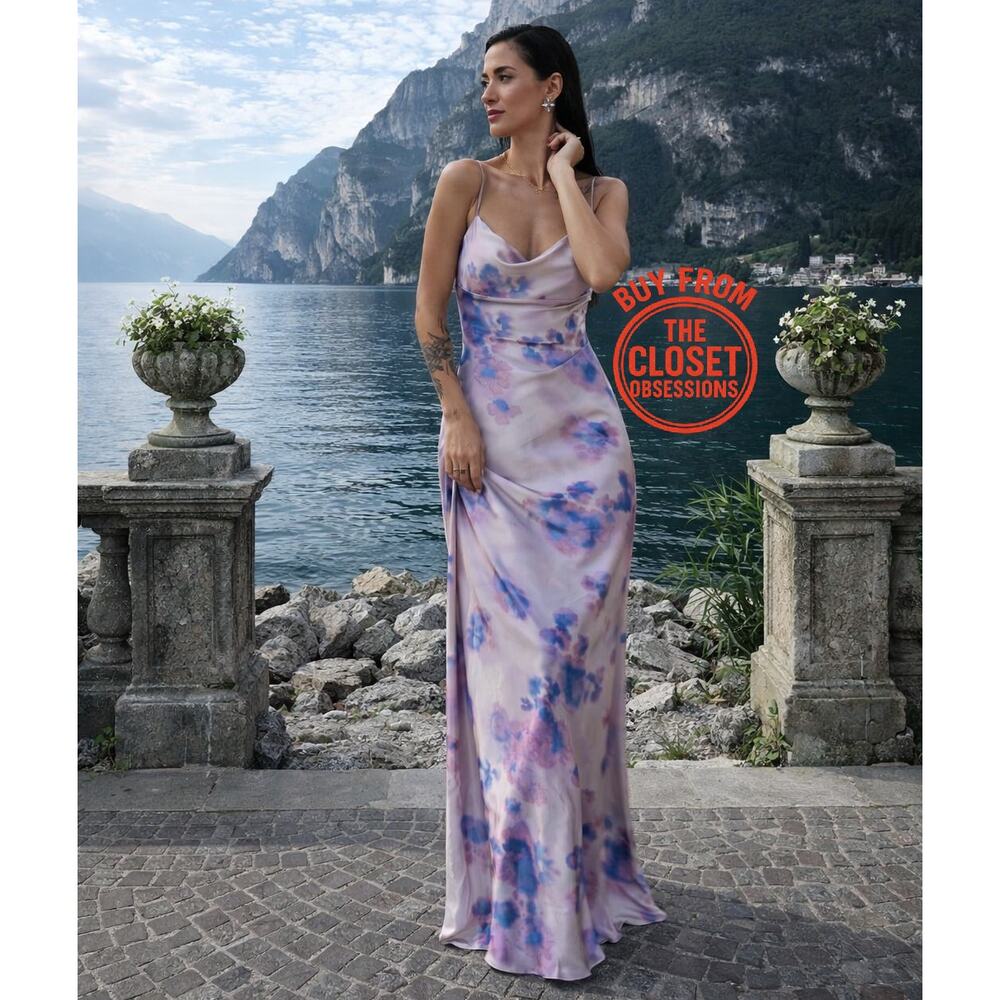 ZARA Watercolor Floral Maxi Dress NWT Cowl Neck Open Back Wedding Guest M L - Picture 4 of 16